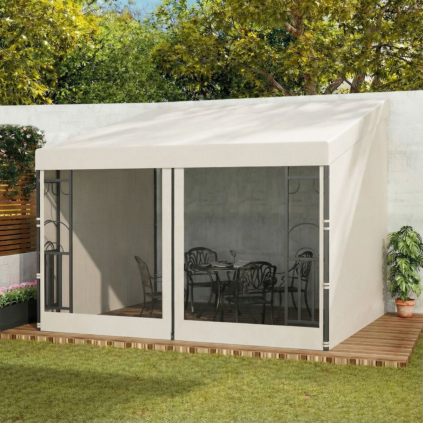 10' x 10' Wall Pergola, Outdoor Gazebo with 2 Curtains and 2 Nettings, UV Resistant, for Patio, Deck, Beige