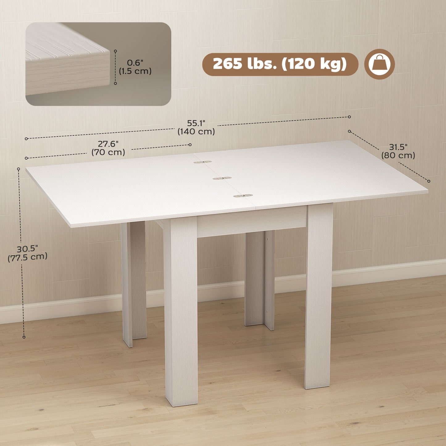 55" Extendable Dining Table for 4-6 Person, Kitchen Table with PU Handle and Felt Pads for Small Spaces, White
