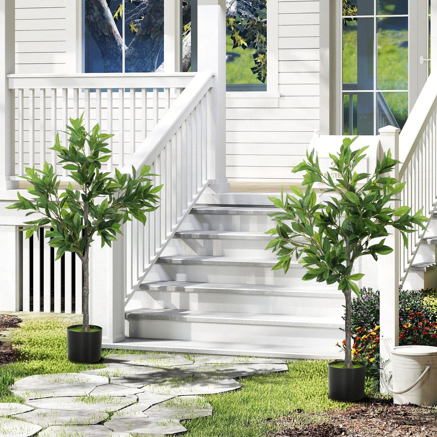 Potted Fake Plants Set of 2, Lifelike Laurel Artificial Trees with 345 PEVA Leaves for Indoor Outdoor Decor, Green