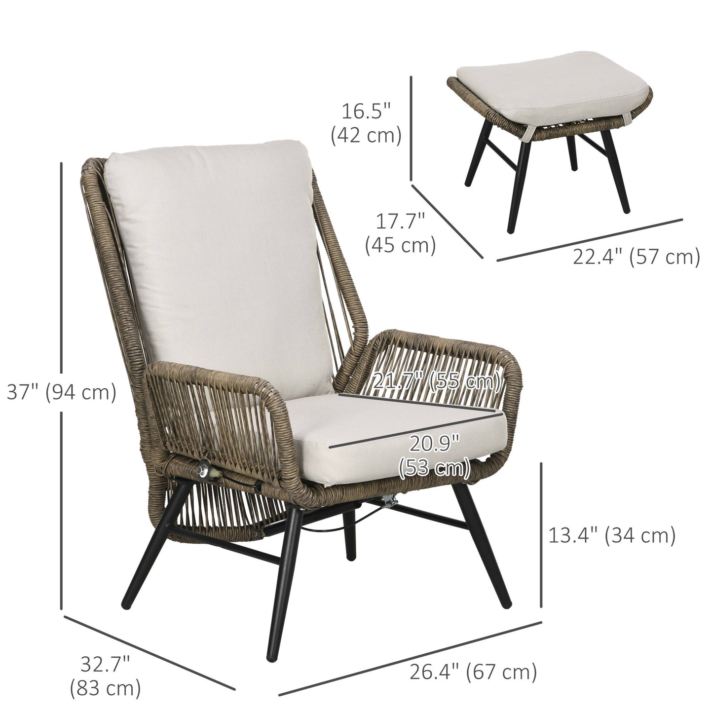 2 PCs PE Rattan Leisure Chair Set, Outdoor Reclining Patio Chair and Footrest w/ Adjustable Backrest & Cushion, Khaki