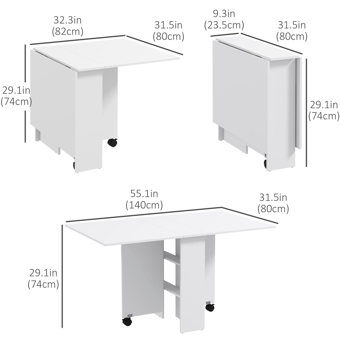 Folding Dining Table, 55" Drop Leaf Table for Small Spaces, Foldable Table with Storage Shelves for Kitchen, Dining Room, White