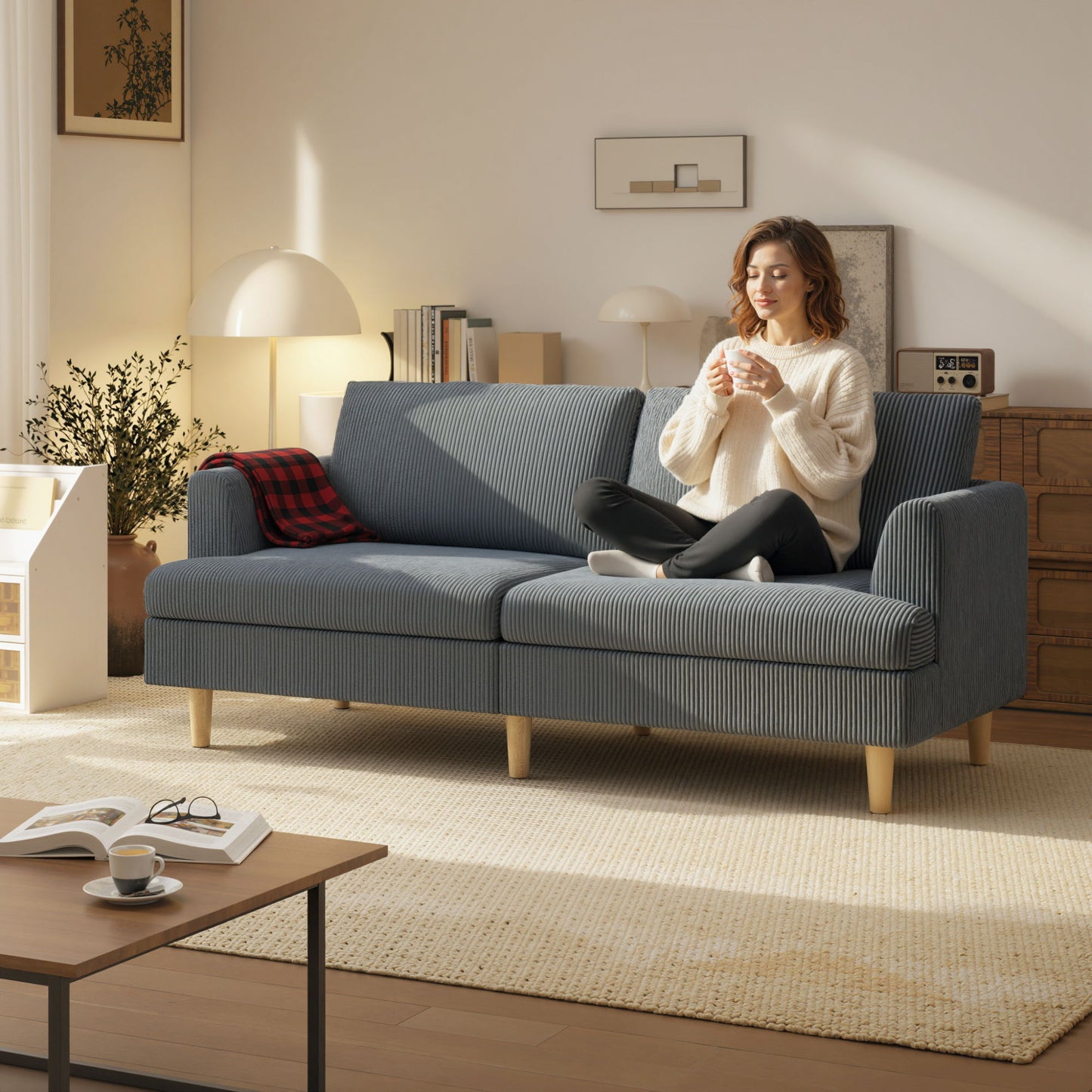 3 Seater Sofa, 74" Modern Corduroy Upholstered Couch with Thick Spring Cushions, Solid Wood Legs, Armrests, Dark Grey