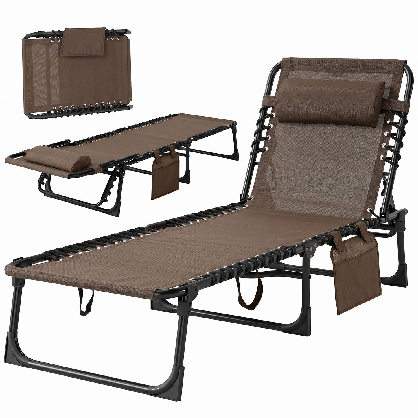 Outdoor Folding Chaise Lounge, Reclining Lounge Chair with Adjustable Backrest and Removable Pillow, Brown
