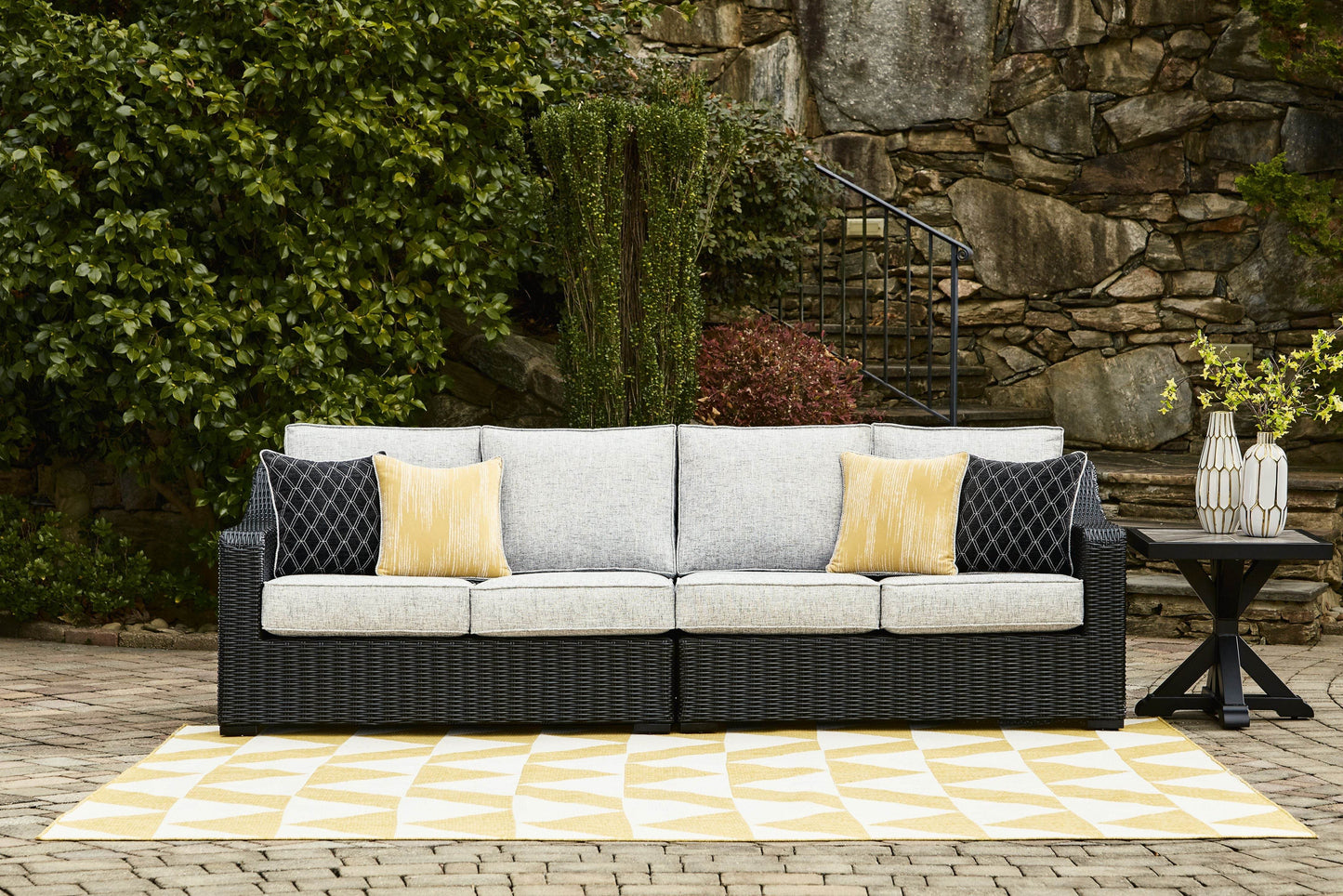 Beachcroft - Black / Light Gray - 2-Piece Outdoor Loveseat with Cushion - Forward Furniture
