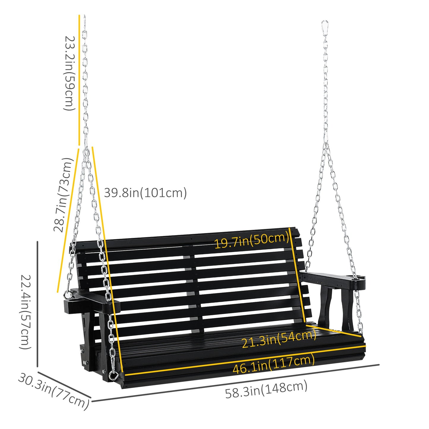 2 Seater Porch Swing Wooden Patio Swing Chair Seat with Cup Holder and Chains Outdoor Swing Bench for Garden Yard, Black