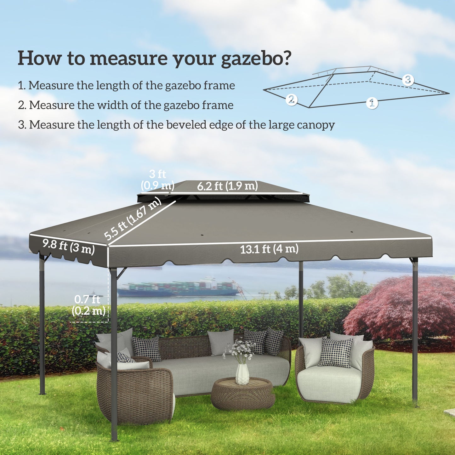 13' x 10' Gazebo Replacement Canopy, Gazebo Top Cover with Double Vented Roof for Garden Patio(TOP ONLY), Grey