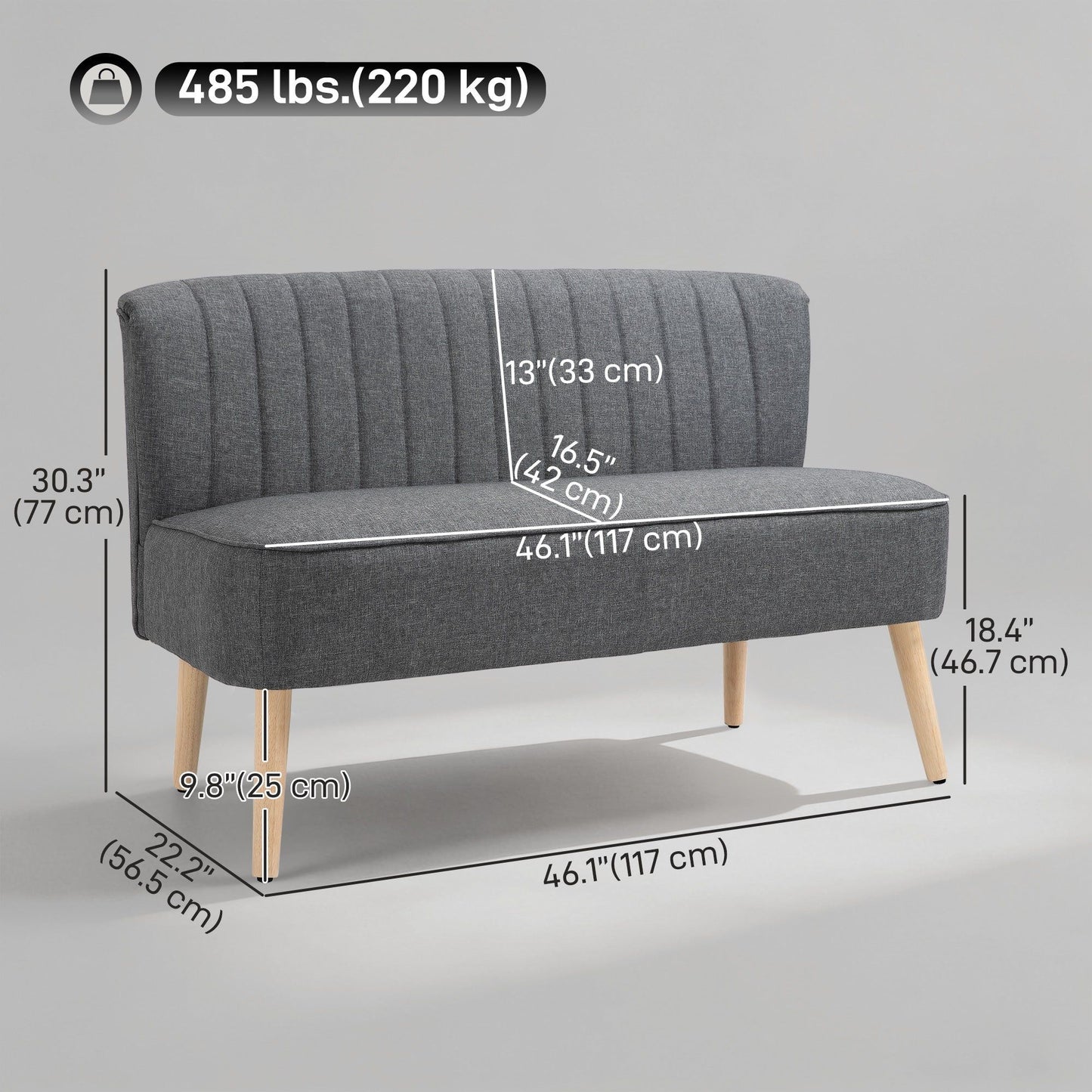 2-Seater Sofa with Wood Legs - Grey
