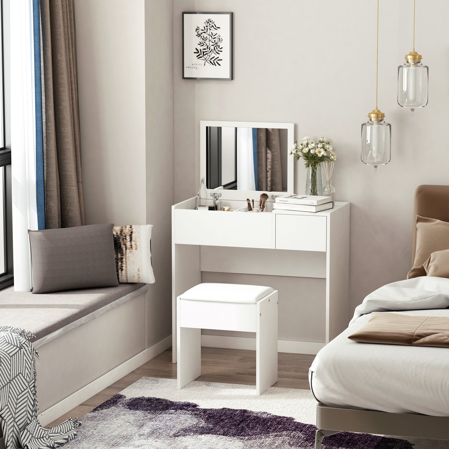 Modern Vanity Set with Flip Top Mirror and Cushioned Stool, Dressing Table with Storage Drawer for Bedroom, White