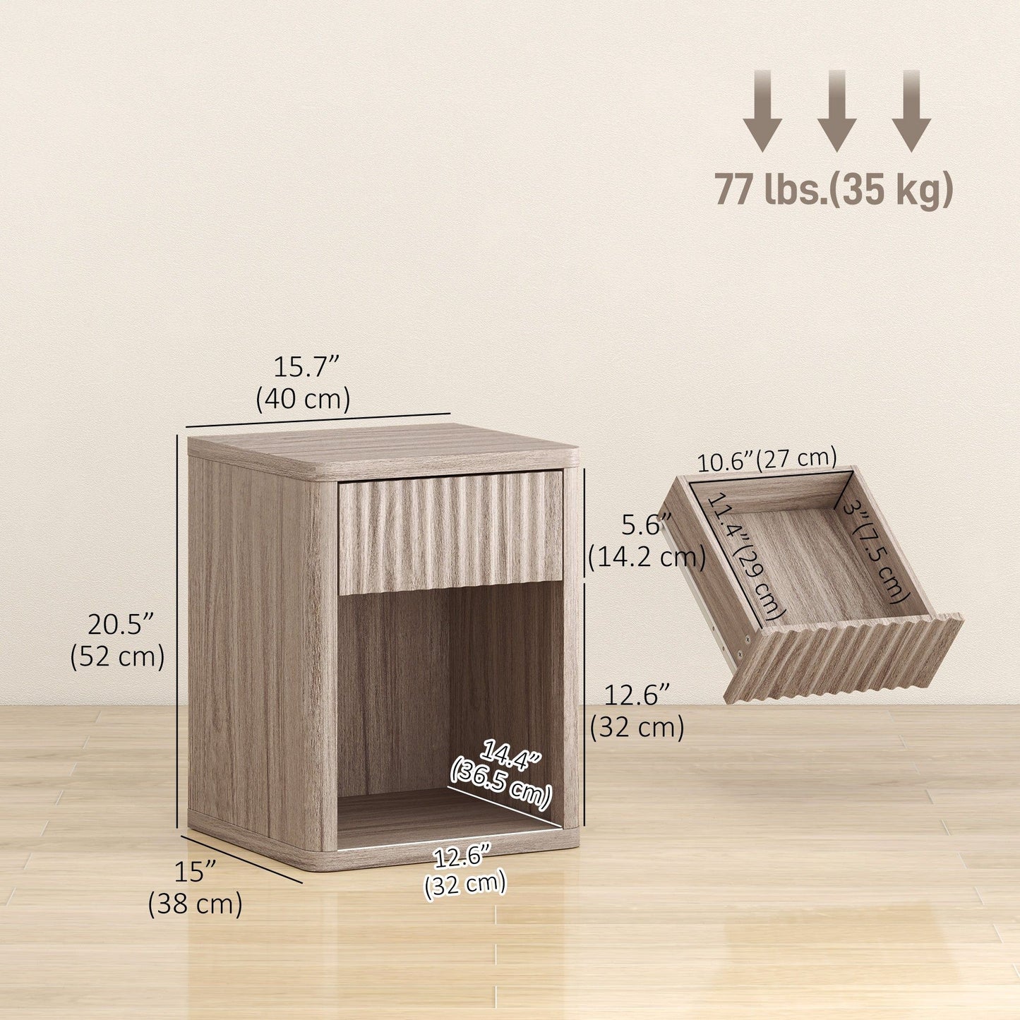 Nightstand Set of 2 with Drawer and Open Shelf - Grey