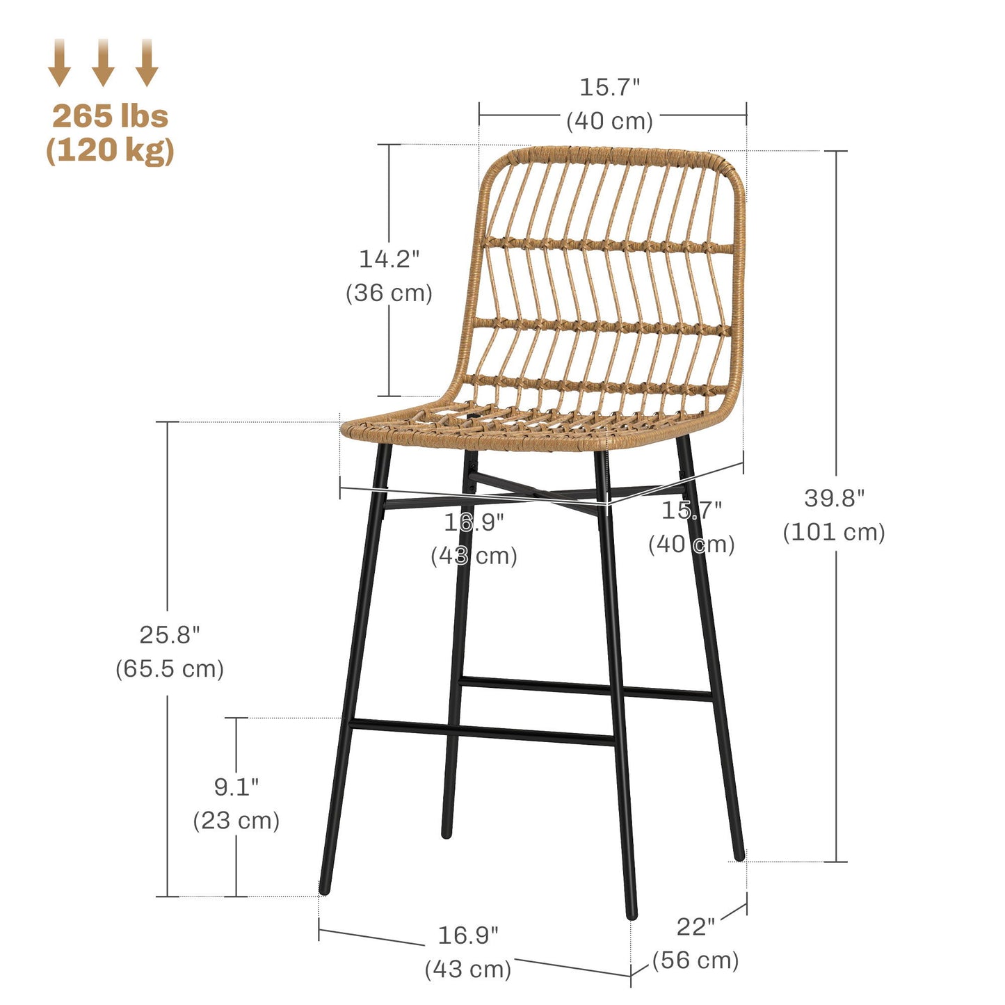 Rattan Counter Height Bar Stools Set of 2, 26" Counter Stools with Back, Modern Bar Chairs for Kitchen Island, Brown
