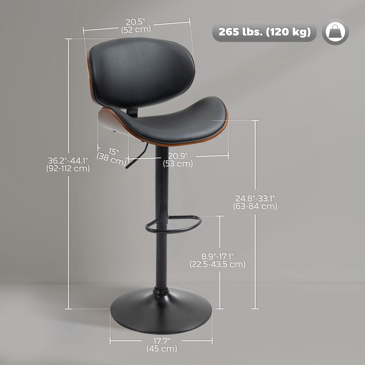 Bar Stools Set of 2, Modern PU Leather Adjustable Swivel Barstools with Curved Back, Footrest and Steel Base, Black