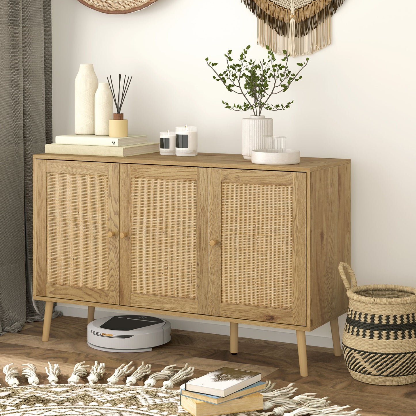 Bohemian Sideboard with Rattan Doors & Adjustable Shelf, Natural Wood Finish