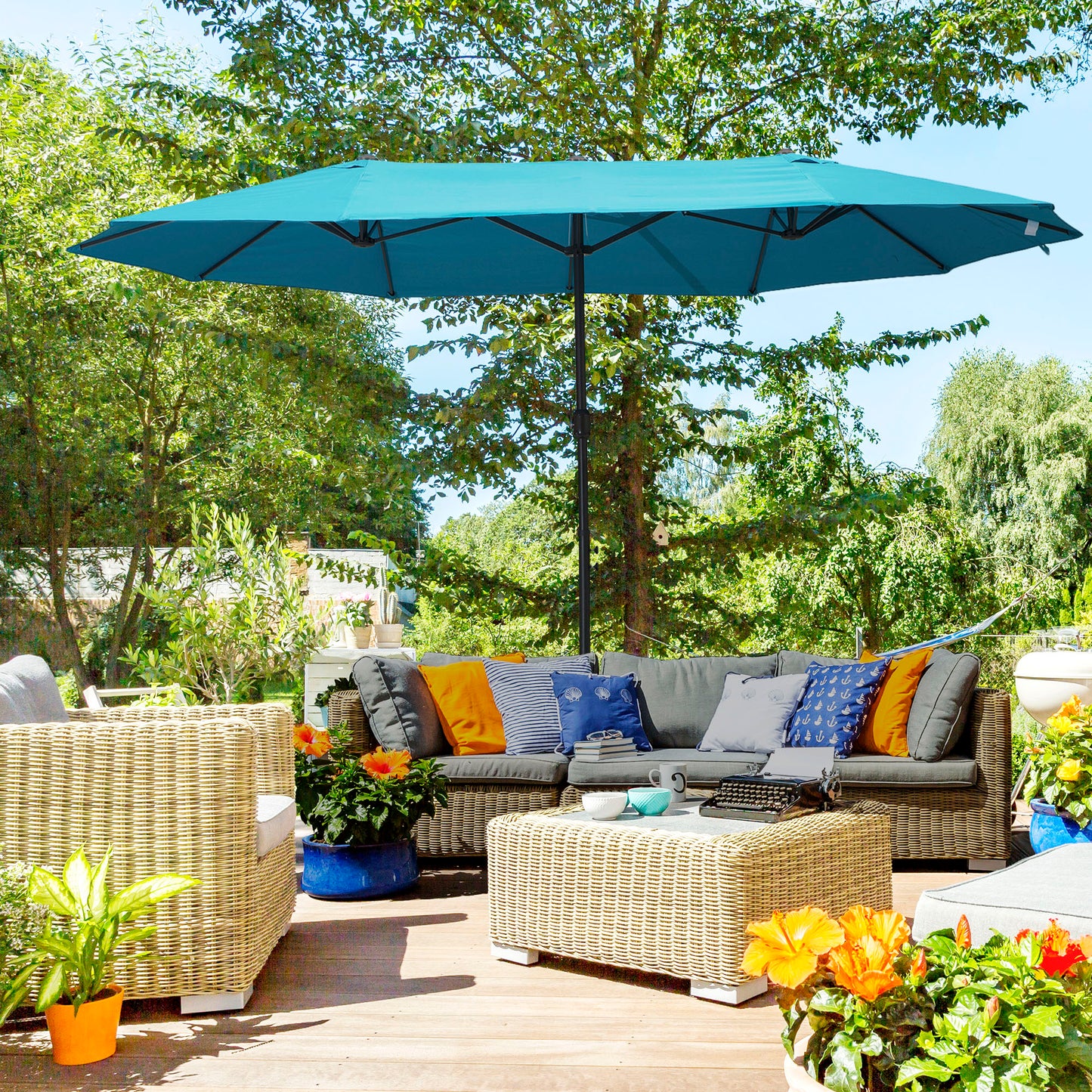 15ft Double-sided Patio Umbrella with Twin Canopy, Extra Large Outdoor Parasol with Crank for Pool, Deck, Market, Sky Blue