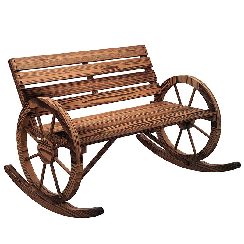 Rocking Outdoor Bench, Wood Outdoor Loveseat with Wagon Wheel Armrests, Carbonized