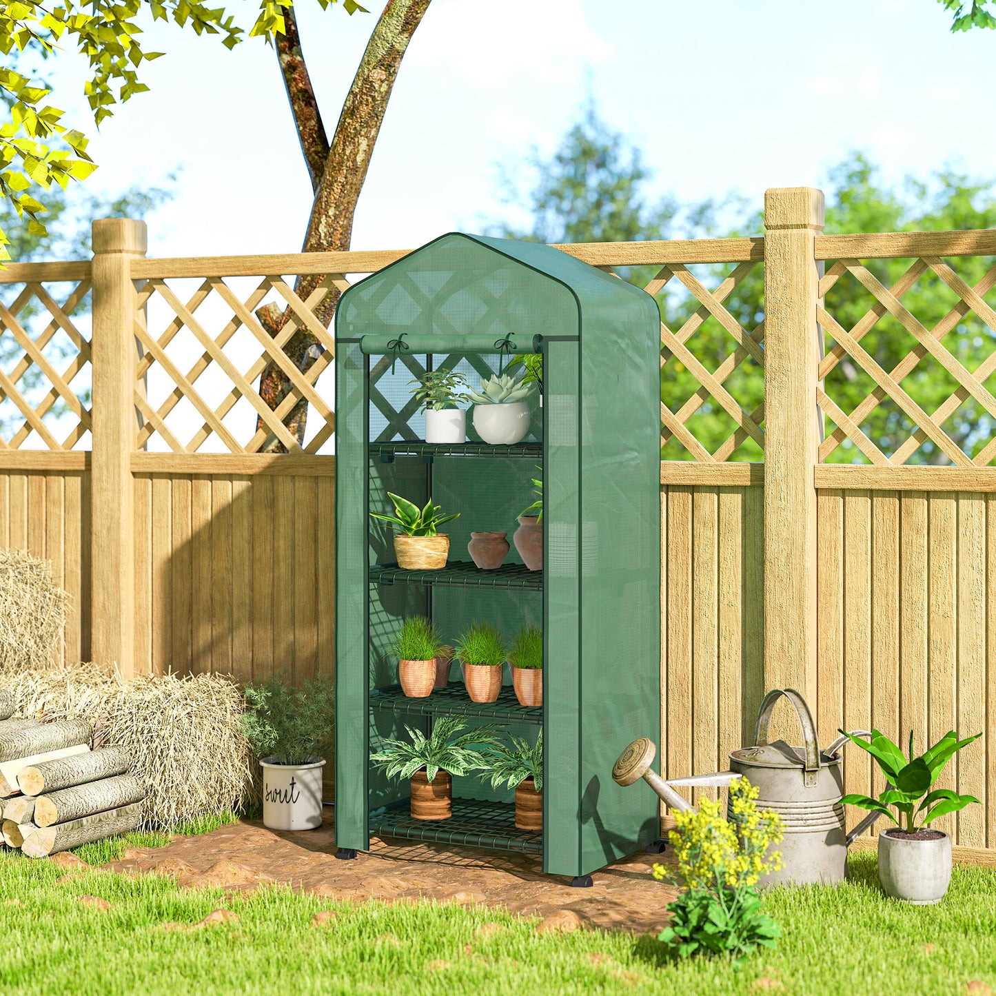 Portable Greenhouse, Outdoor Hot House Plant Flower Greenhouse with 4 Tier Shelves, PE Cover, Green