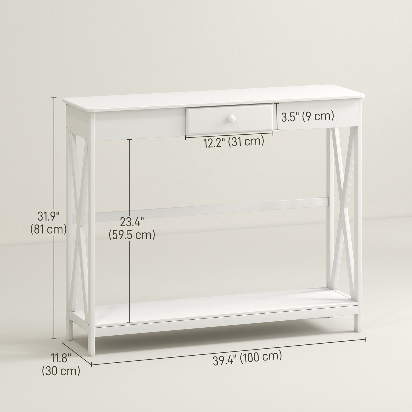 39" Console Table, 2 Tier X-Design Narrow Entryway Table with Drawer and Storage Shelf for Behind Couch, Living Room, Hallway, White
