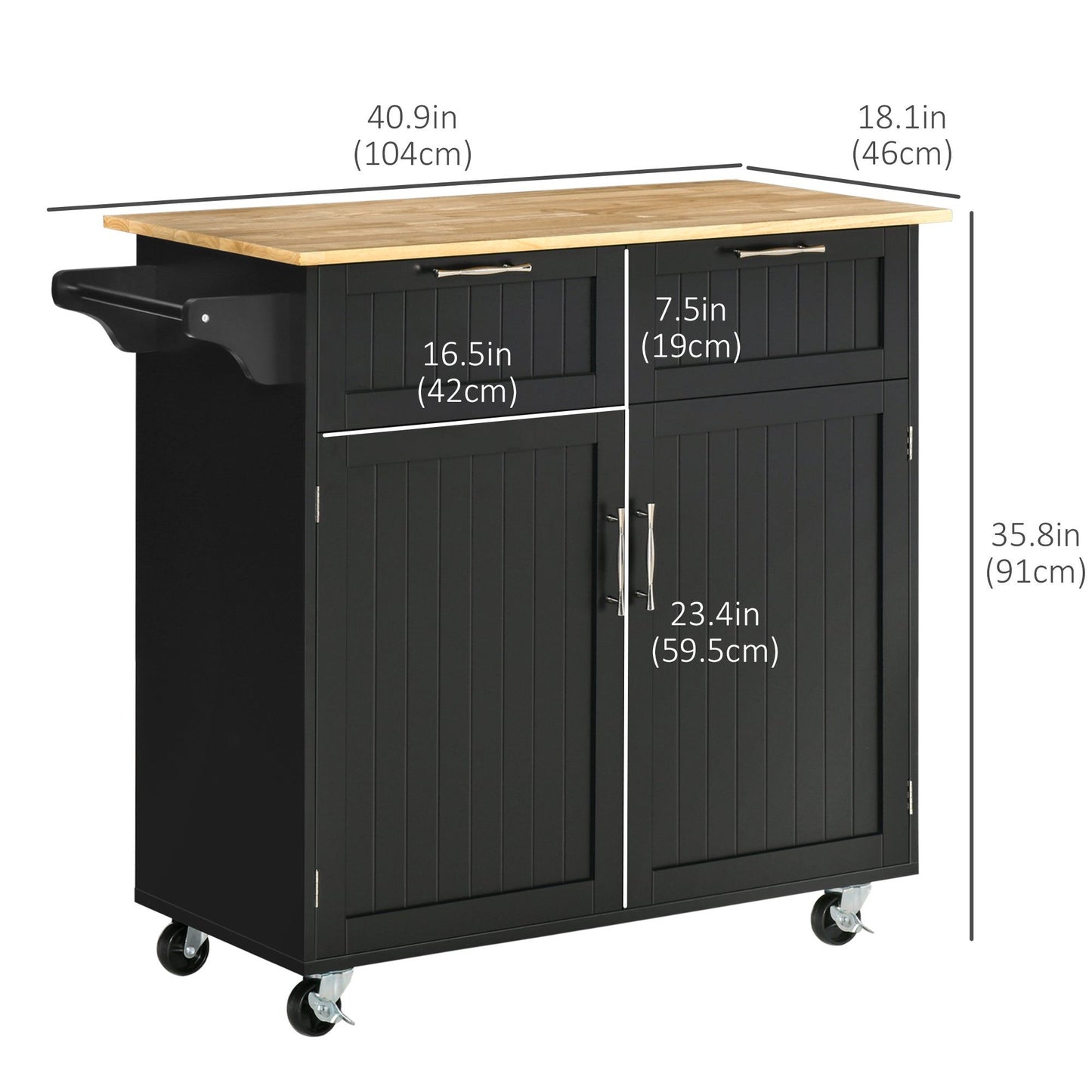 Rolling Kitchen Island with 2 Drawers and Towel Rack - Black