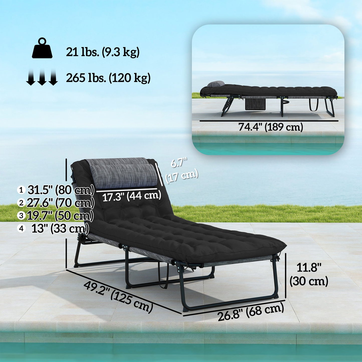 Folding Lounge Chair with 4-level Reclining Back & Cushion, Black