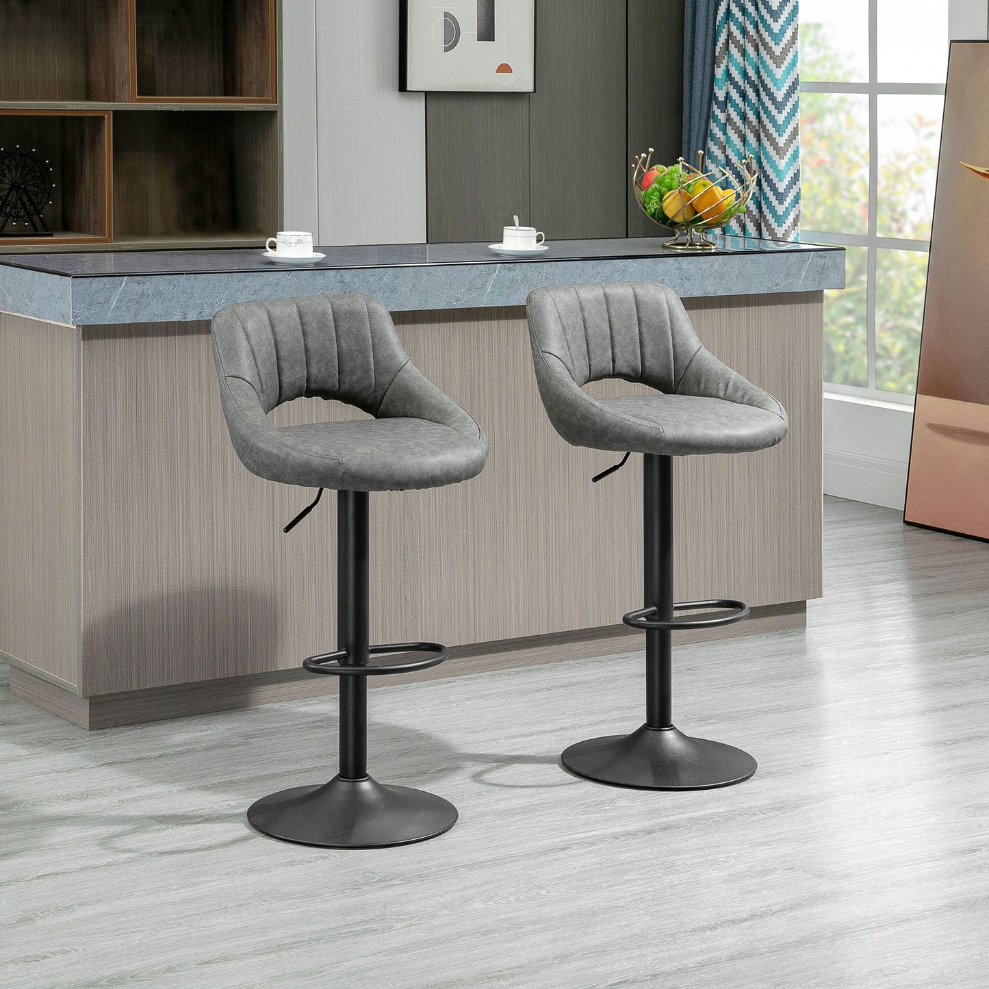Bar Stools Set of 2, Swivel Counter Height Barstools with Adjustable Height and Cutout Back, Faux Leather Upholstered Bar Chairs with Round Metal Base and Footrest, Grey