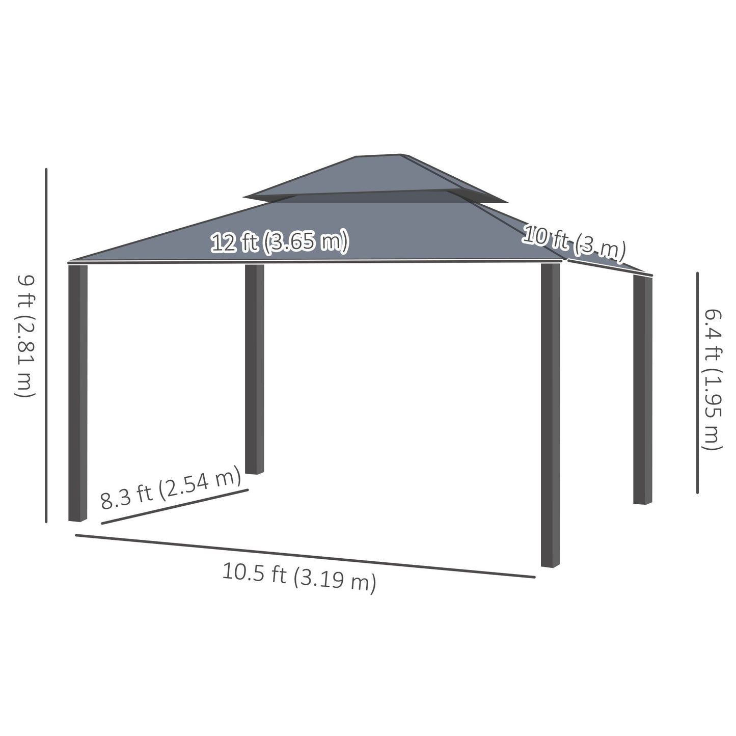 10' x 12' Outdoor Hardtop Gazebo with Galvanized Canopy & Netting Sidewalls for Lawn, Backyard, Dark Grey
