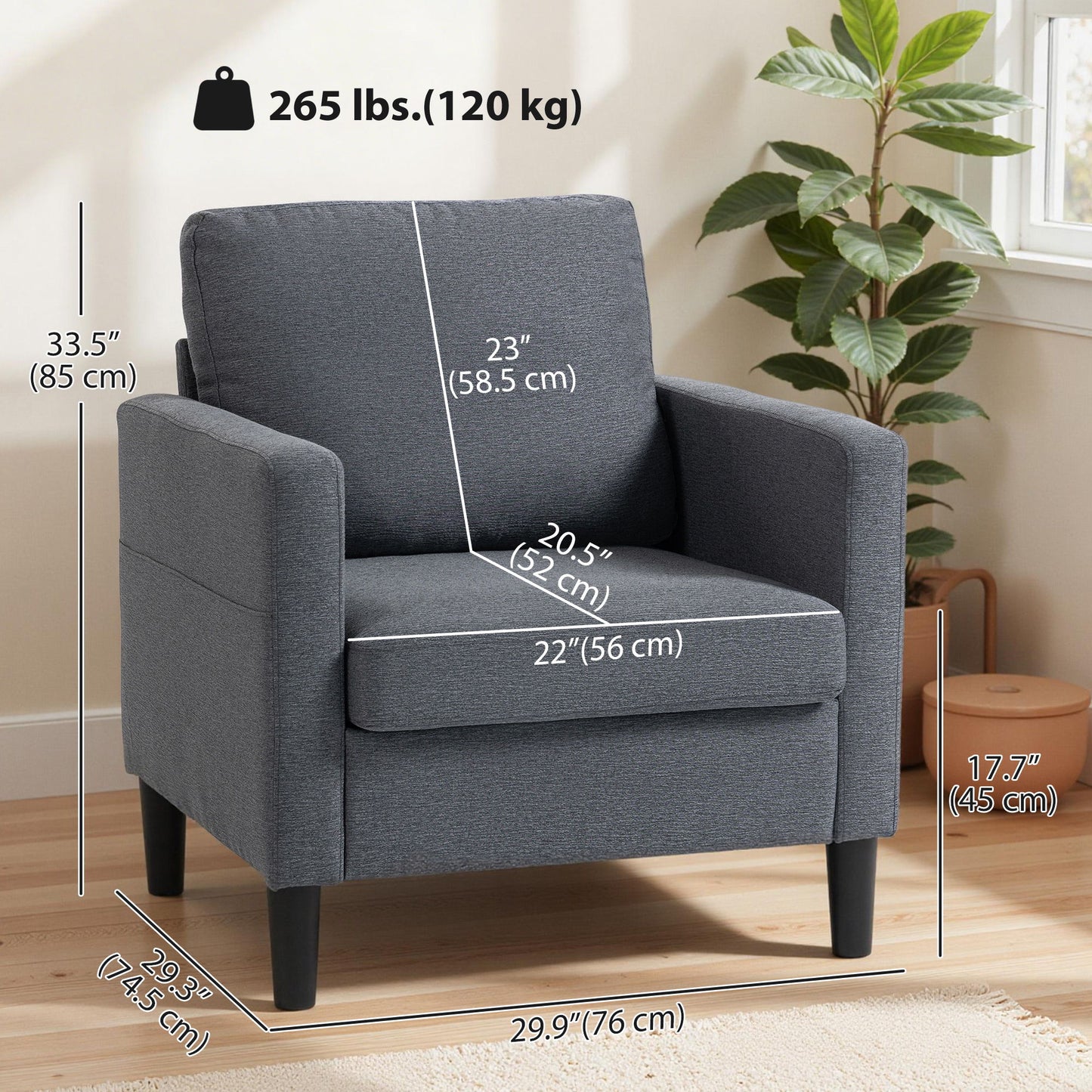 Accent Chair Upholstered Modern Armchair for Living Room with Thick Padded Seat and Armrests Dark Grey