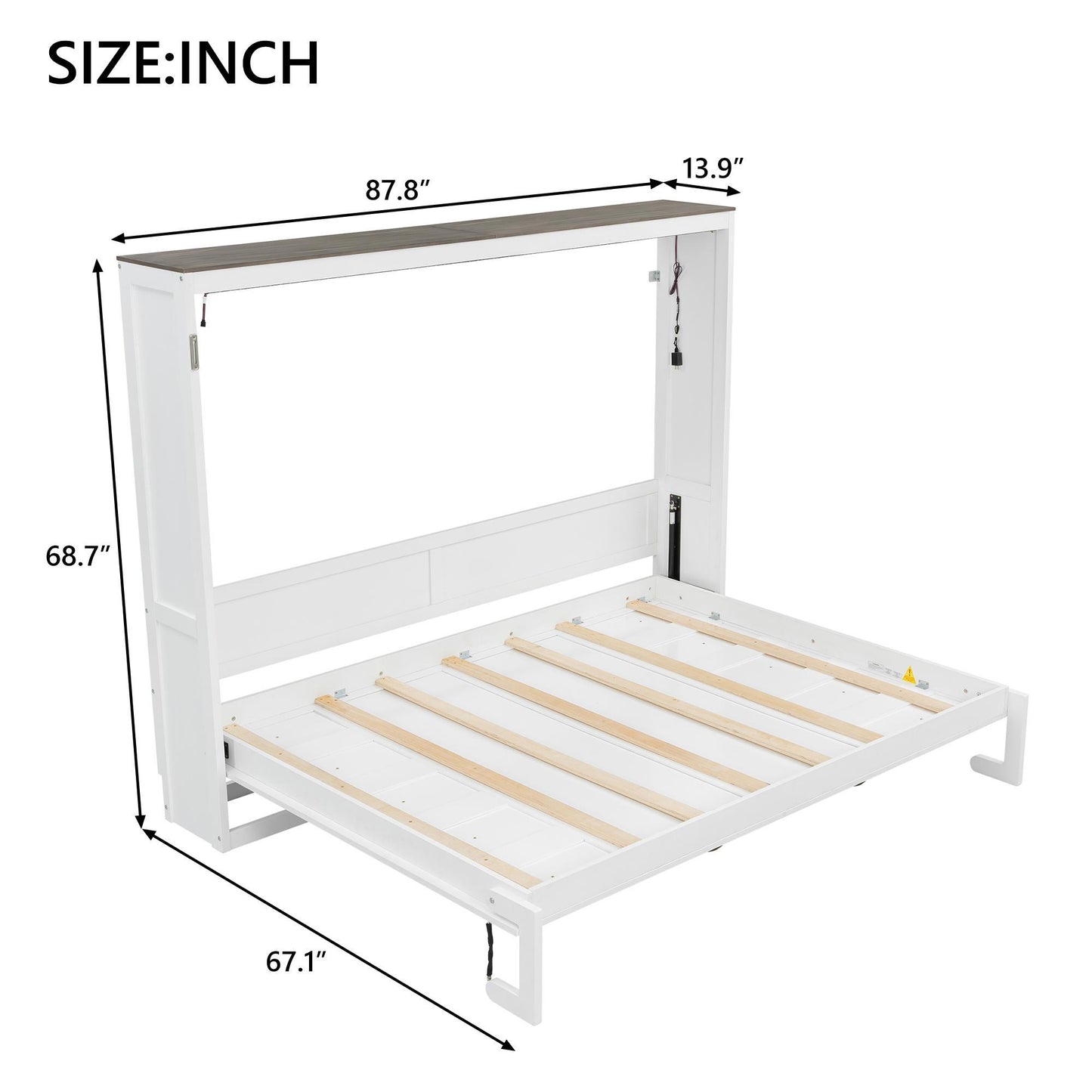 Space‑Saving Murphy Bed with Smooth Hydraulic Lift, Durable Fold‑Down Unit with Wood Slat Support, 88'' L x 67'' W x 68.5'' H, Brown+White