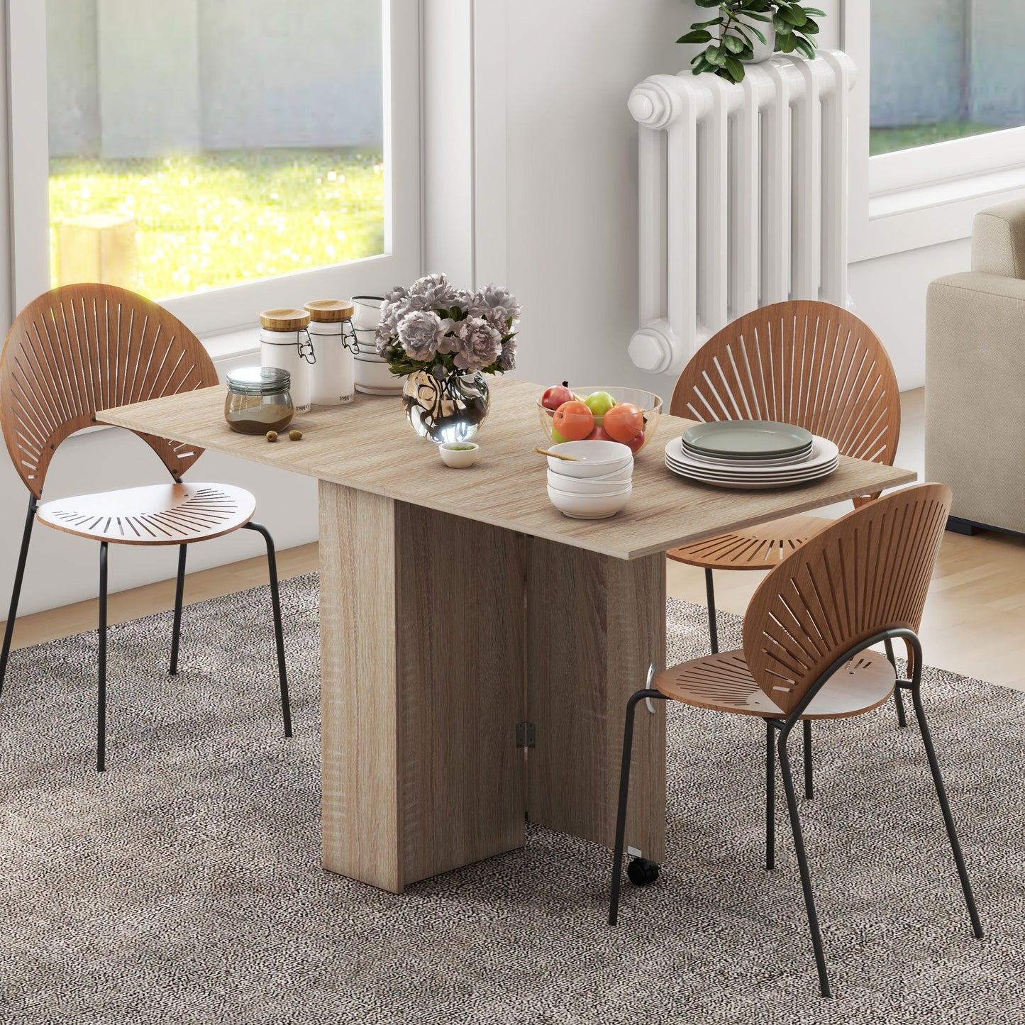 Extendable Dining Table, Collapsible Folding Table w/ 2-tier Shelves and Rolling Casters, Nature Wood