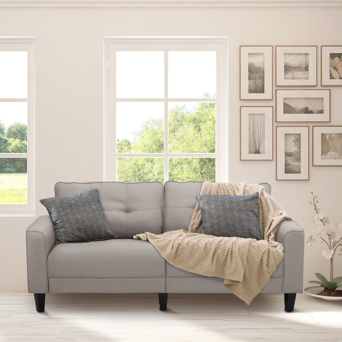 3-Seater Sofa, Mid-Century Linen Couch with Upholstered Seat, Button-Tufted Back Cushion and Rubber Wood Legs for Living Room, Bedroom, Beige