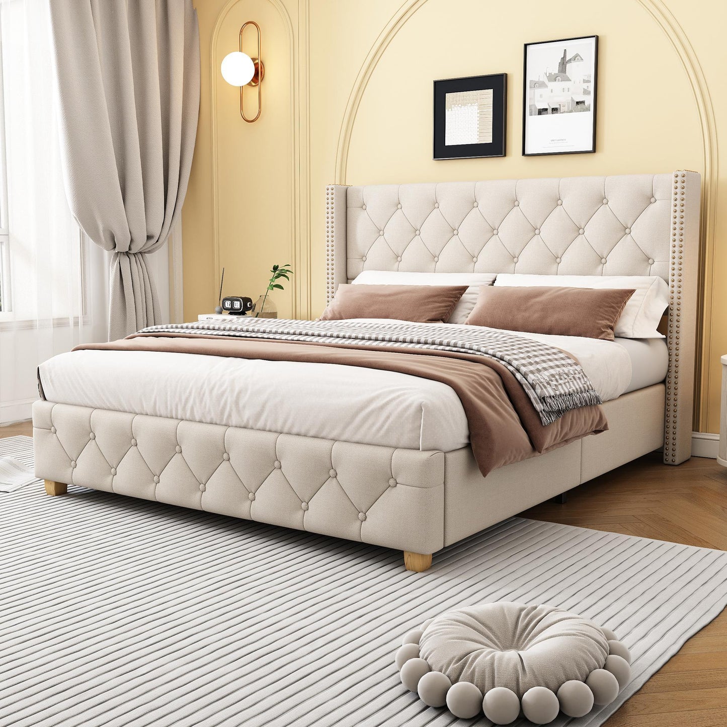 Full Size Upholstered Platform Bed with Diamond Tufted Headboard, Extra‑Wide Bedboard with Wooden Legs, 58.5'' L x 78'' W x 42.5'' H, Beige