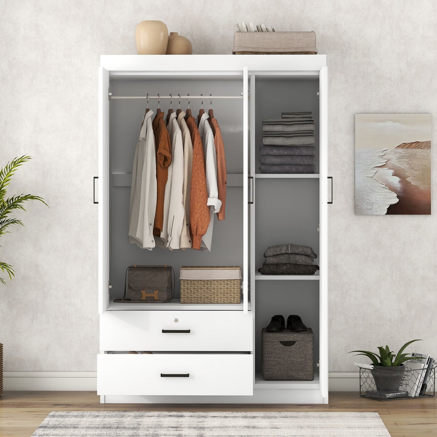 3-Door Wardrobe with 2 Drawers and MDF Construction, Modern Design with Shelves and Hanging Rail, 41.5" L x 18.5" W x 68" H, White