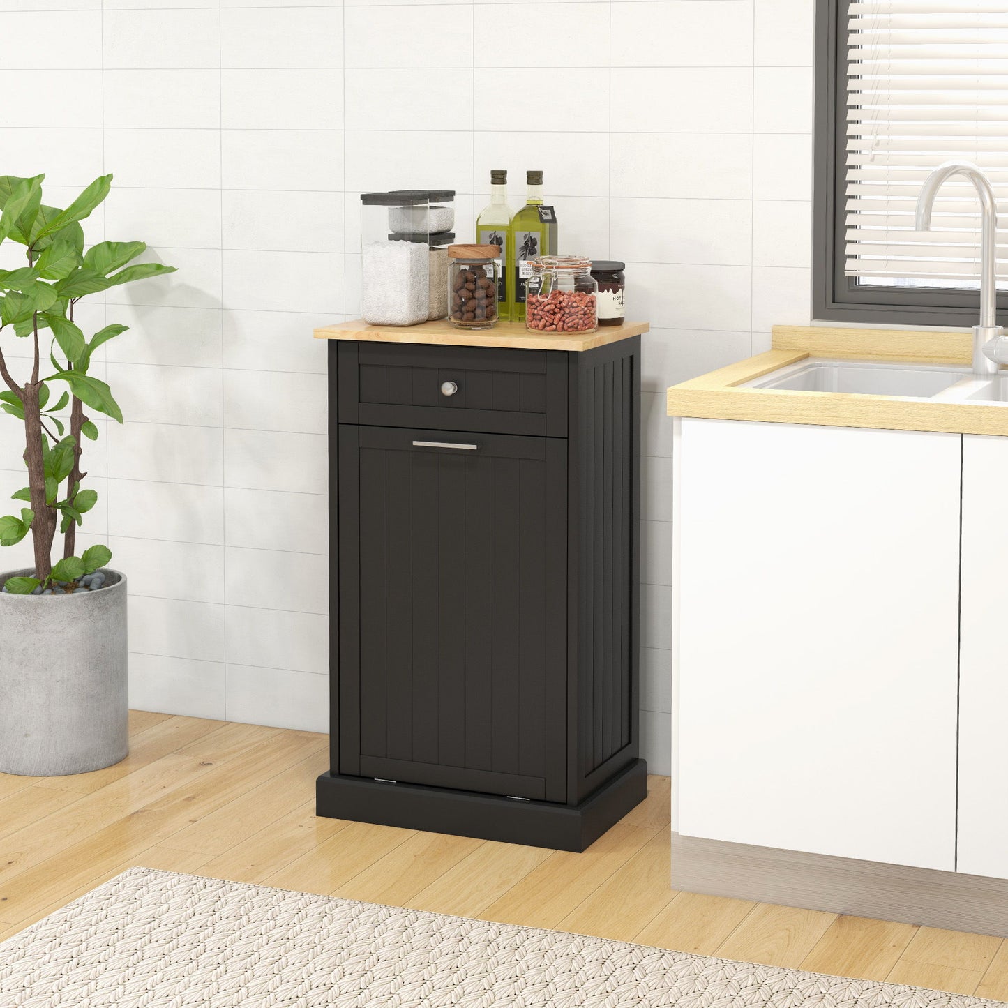 Kitchen Tilt Out Trash Bin Cabinet, Free Standing Recycling Cabinet, Trash Can Holder with Drawer, Black