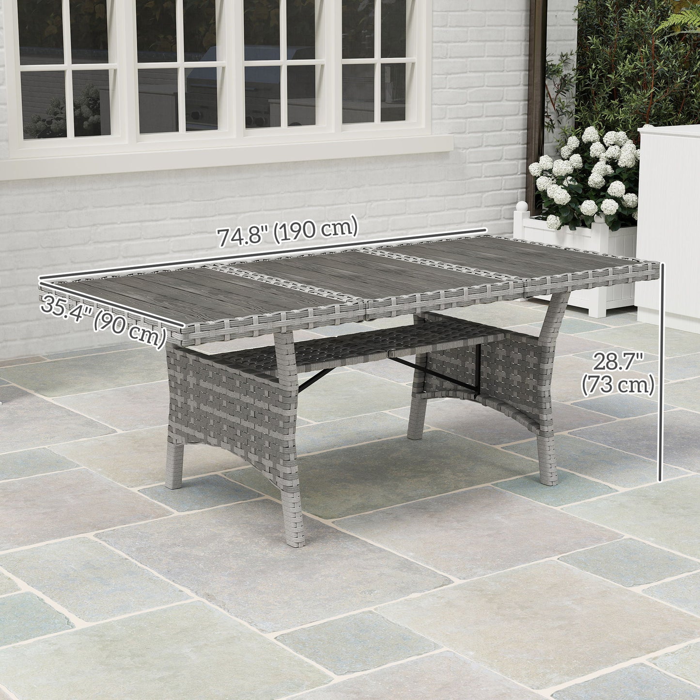 75" Outdoor Dining Table for 6-8, Wicker Patio Table with Storage Shelf and WPC Slatted Top for Balcony, Grey
