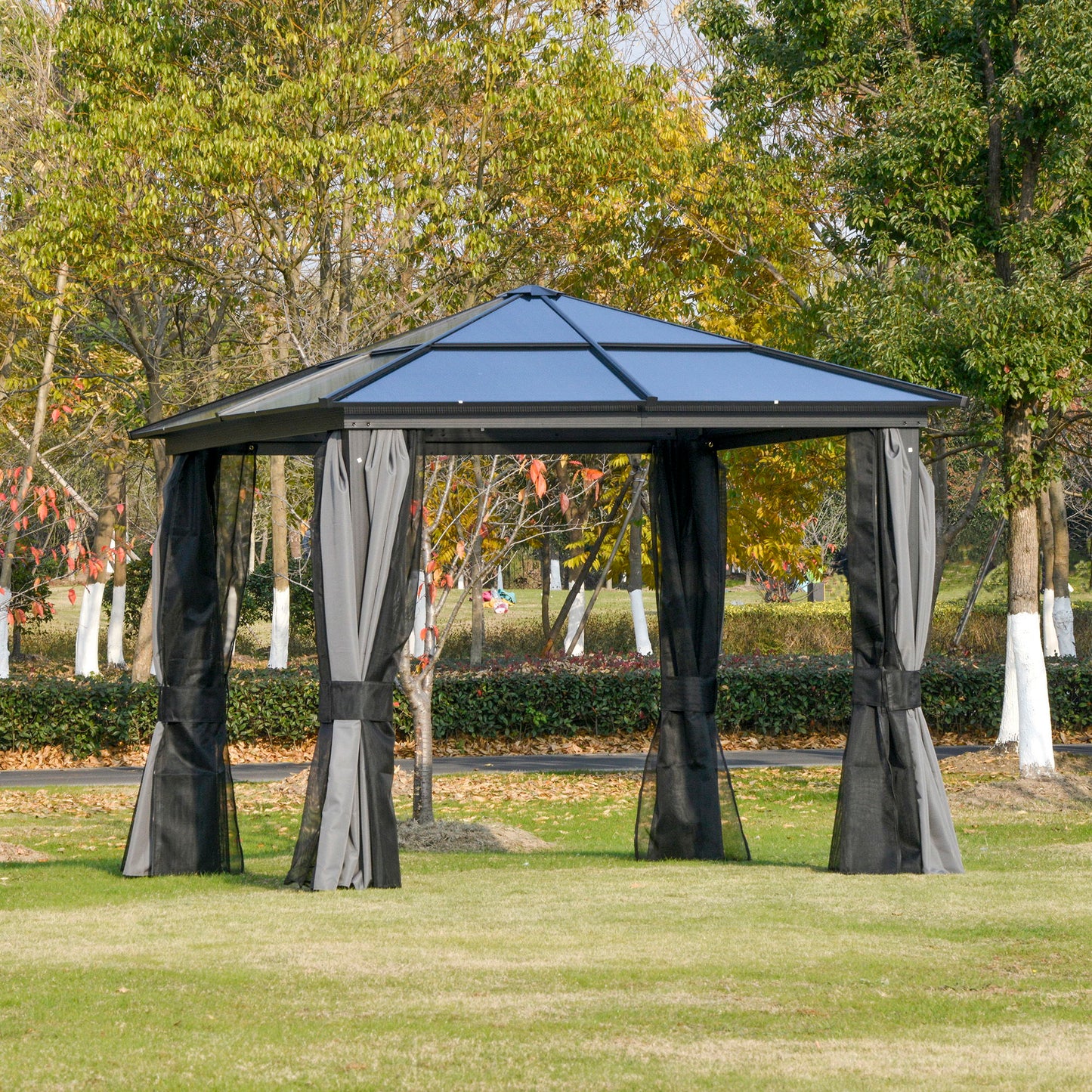 10x10ft Hardtop Gazebo with Aluminum Frame, Polycarbonate Gazebo Canopy with Curtains and Netting
