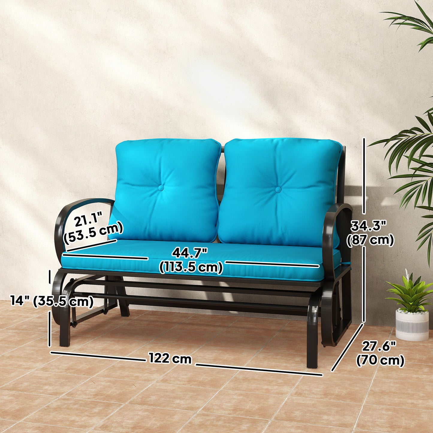 2-Person Outdoor Glider Chair, Patio Double Rocking Loveseat with Steel Frame and Cushions for Backyard, Garden and Porch, Blue