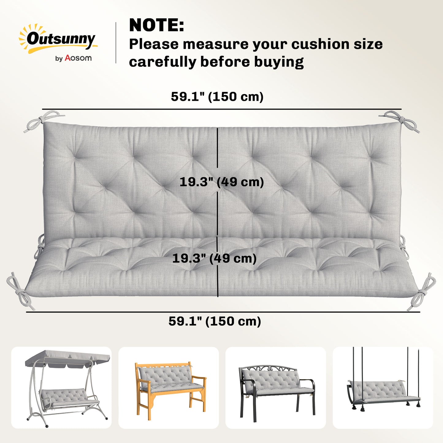 3-Seater Outdoor Bench Swing Chair Replacement Cushions for Patio Garden, Light Grey