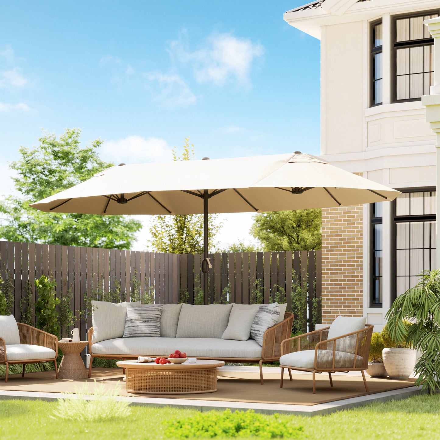 15' Outdoor Patio Umbrella with Twin Canopy Sunshade Steel Table Umbrella with Lift Crank Beige