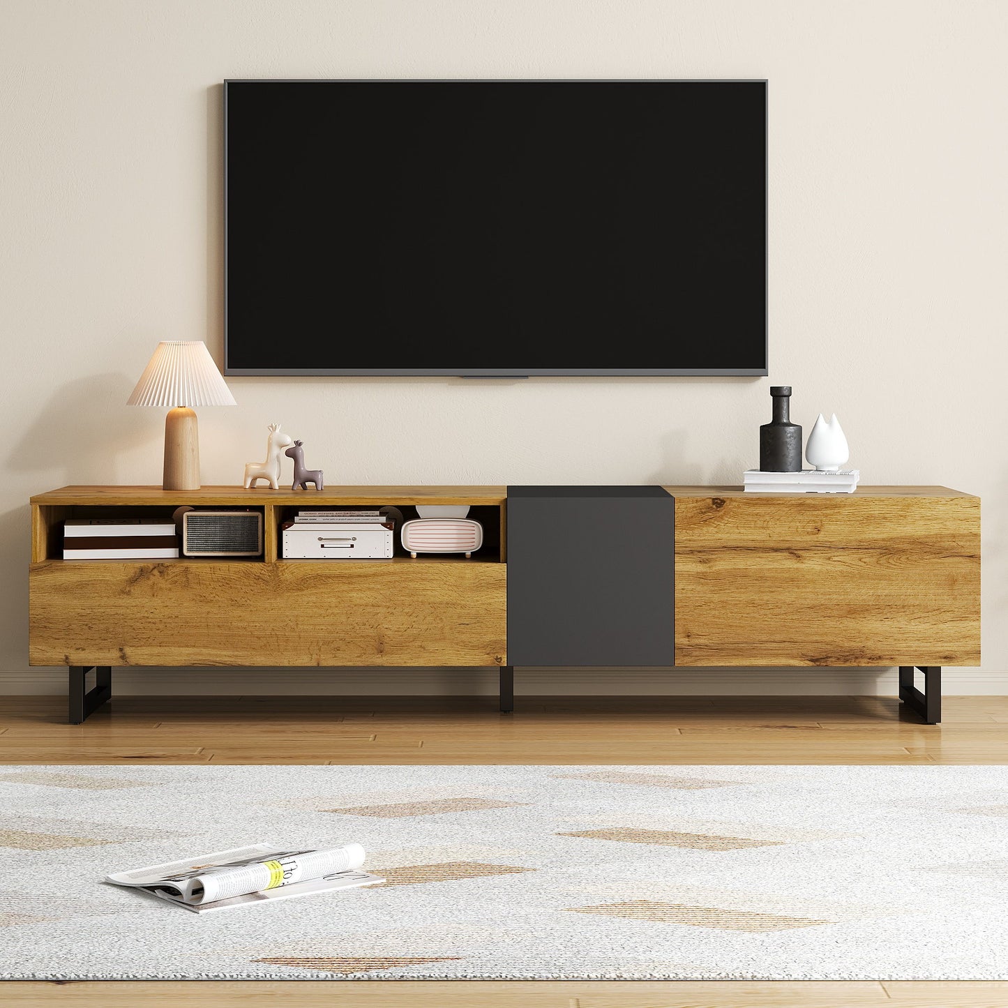 Colour Coordinated TV Stand with U-Shaped Metal Legs, 3 Doors and 2 Compartments, Easy Assembly, 67" L x 14" W x 16.5" H, Black+Natural