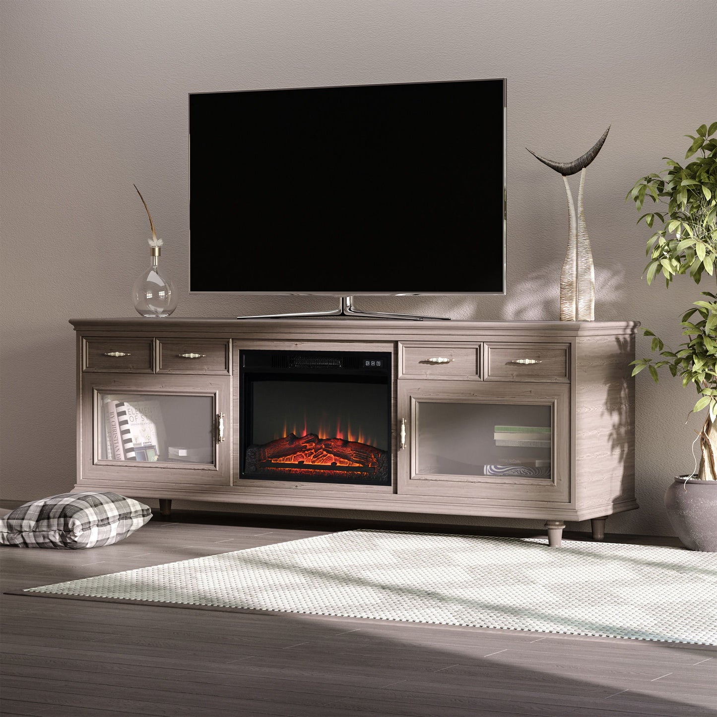 23" Electric Fireplace Insert for Wooden Cabinet, Recessed Fireplace Heater with Realistic Log Flames, Adjustable Brightness, 1400W, Black
