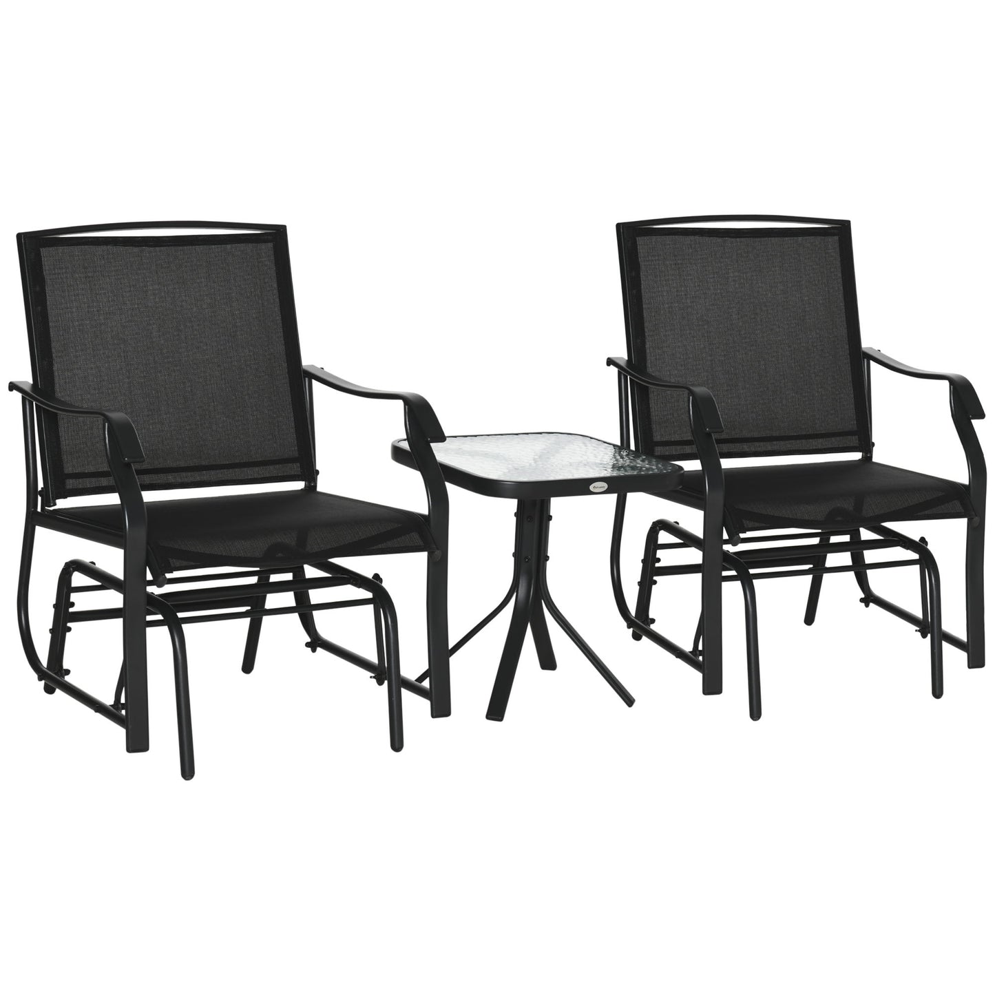 3 Piece Patio Glider Set Outdoor Gliders with Breathable Mesh Seat, Glass Top Table for Garden, Yard, Black