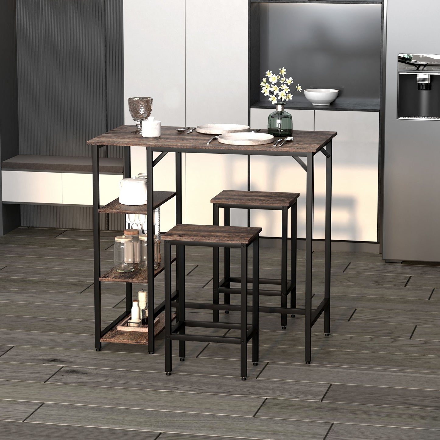 Industrial Dining Table Set for 2, Bar Table and Stools Set, Counter Height Kitchen Table with Chairs with Storage Shelf, Rustic Brown