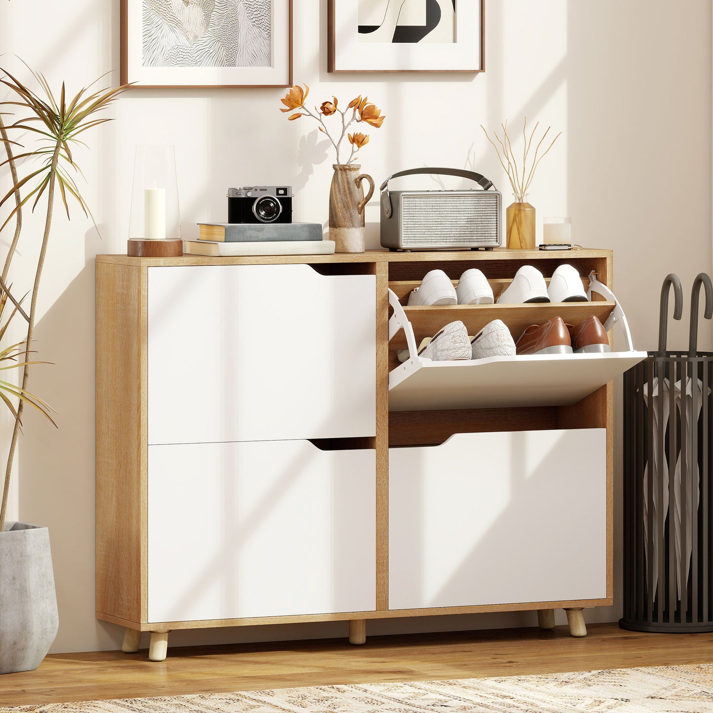 Narrow Shoe Cabinet, Shoe Storage Cabinet with 4 Flip Drawers and Adjustable Shelves for 16 Pairs of Shoes, White