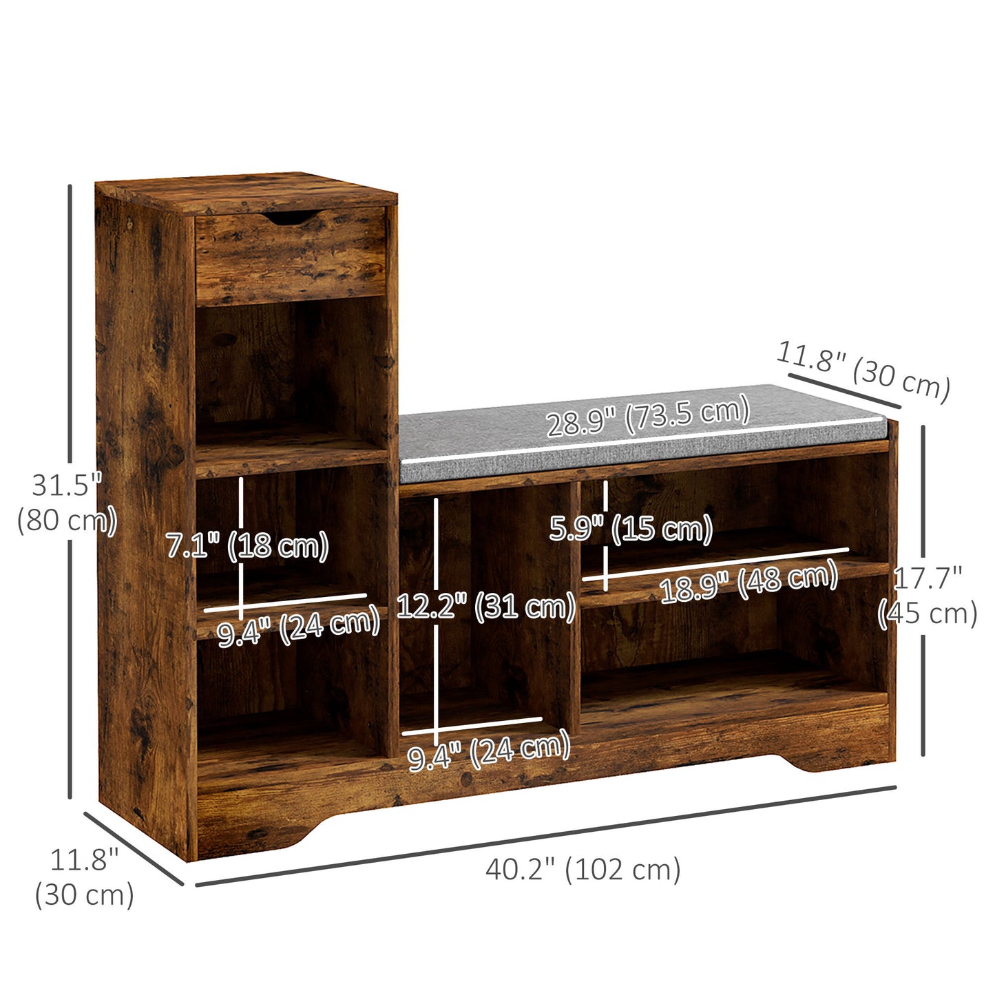 Upholstered Shoe Storage Bench w/ Seat, Entrance Bench w/ Drawer and 6 Open Shelves for Hallway, Rustic Brown