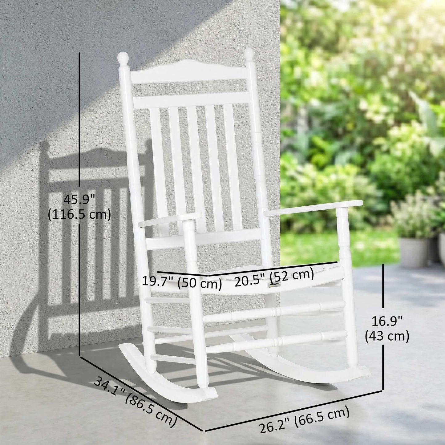 Wooden Outdoor Rocking Chair, Patio Rocking Chair with Slatted High Back and Armrests for Porch, Garden, Lawn, White