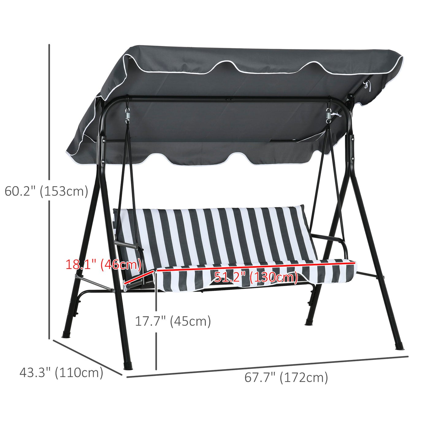 3-Seater Outdoor Porch Swing with Adjustable Canopy, Patio Swing Chair for Garden, Poolside, Backyard, Grey and White