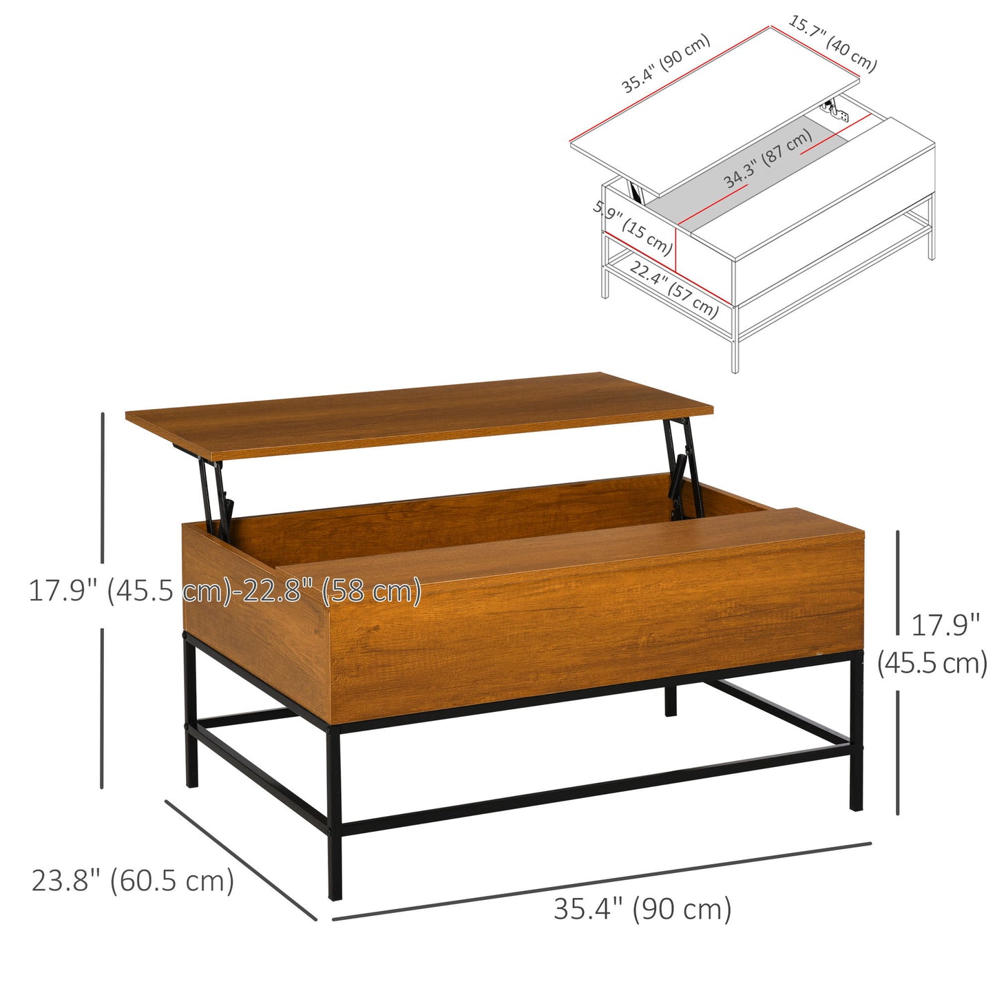 Lift Top Coffee Table with Hidden Storage Compartment Lift Tabletop Center Table for Living Room, Teak