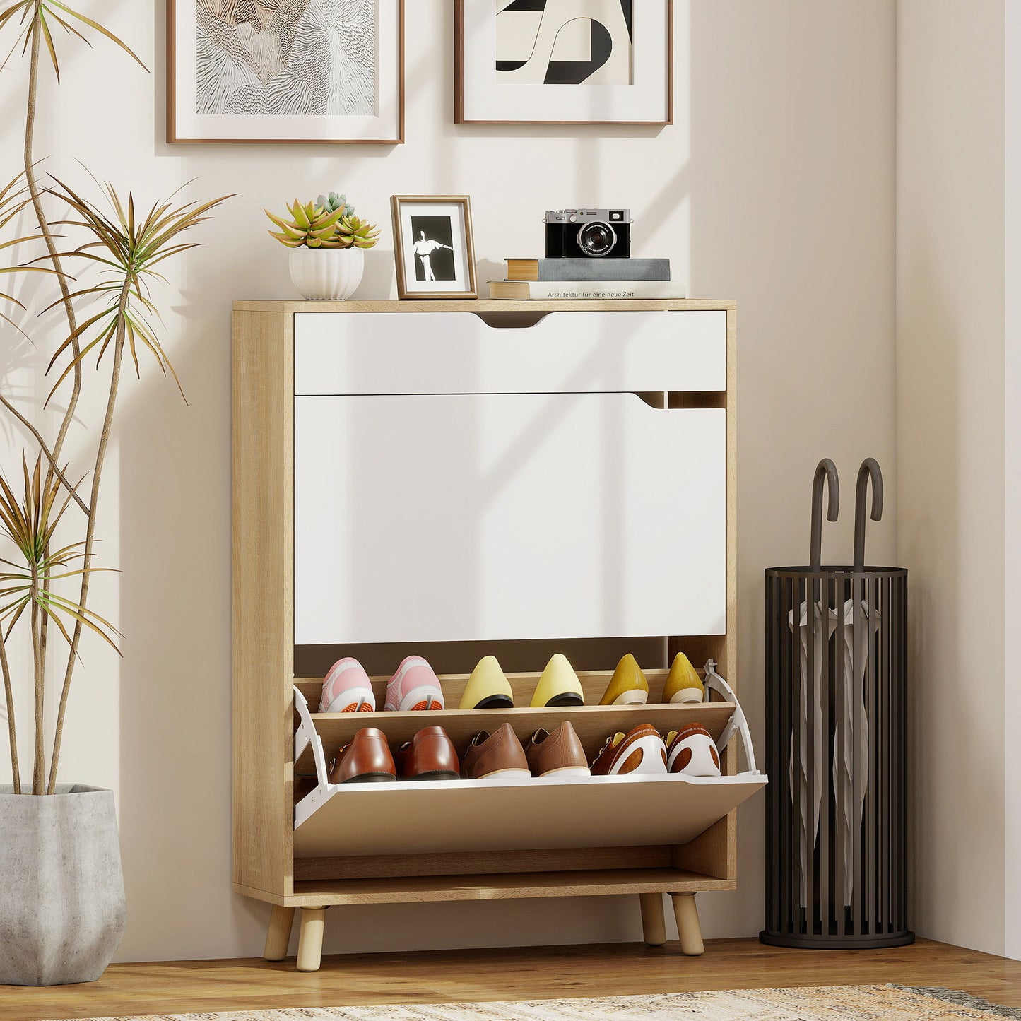 Narrow Shoe Cabinet for Entryway with 2 Flip Drawers, Top Drawer and Adjustable Shelves for 12 Pairs of Shoes, White
