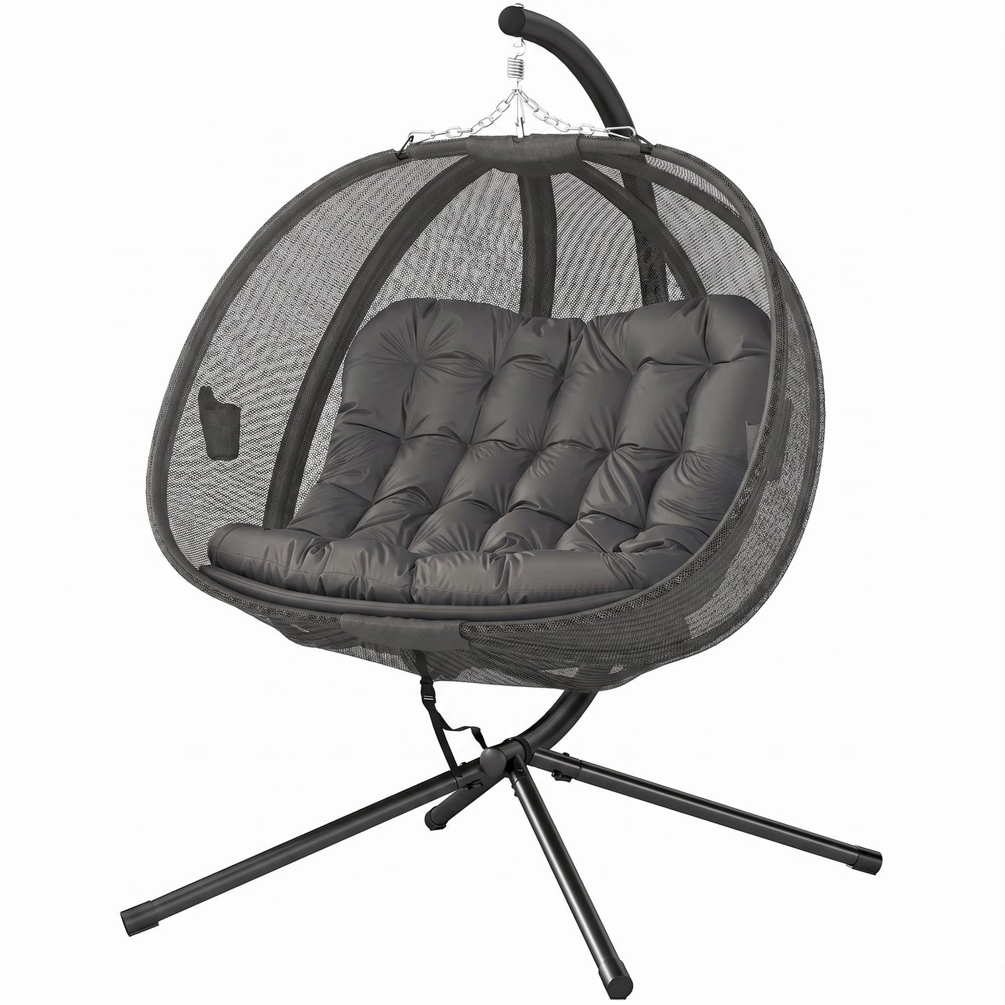 Double Egg Chair with Stand, 2 Person Hanging Swing Egg Chair with Cushion, Pockets, Grey