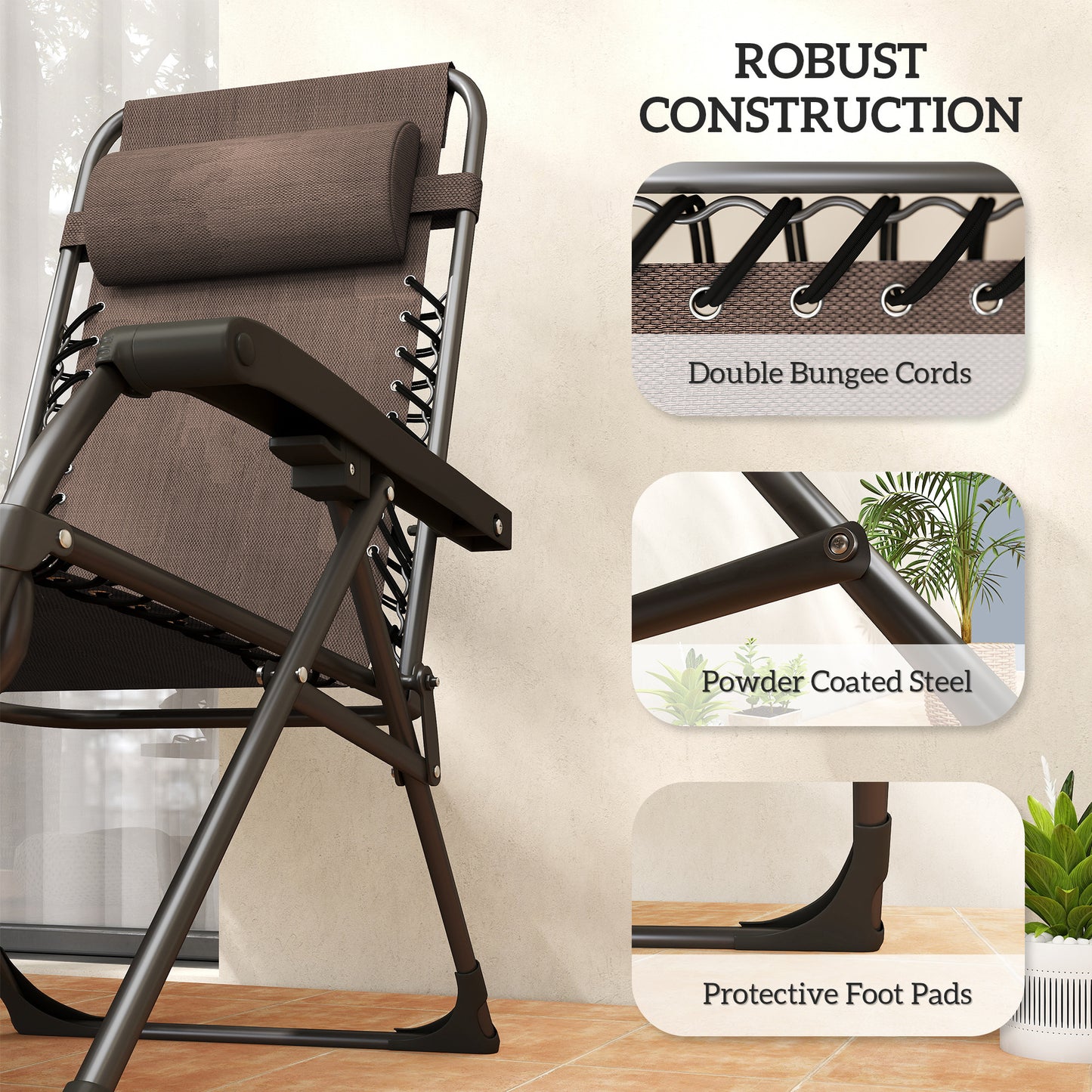 Zero Gravity Chair Set of 2, Folding Reclining Outdoor Lounge Chair with Cup Holder, Headrest, Brown