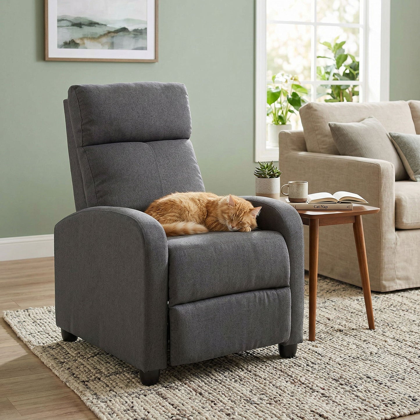 Fabric Recliner Sofa Manual Recliner, Home Theater Seating Single Reclining Sofa Chair with Padded Seat for Living Room, Dark Grey