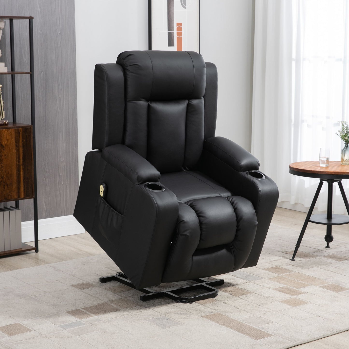 Power Lift Recliner Chair for Elderly, PU Leather Electric Recliner Chair with Footrest, Remote Control, Side Pockets and Cup Holders for Living Room, Black